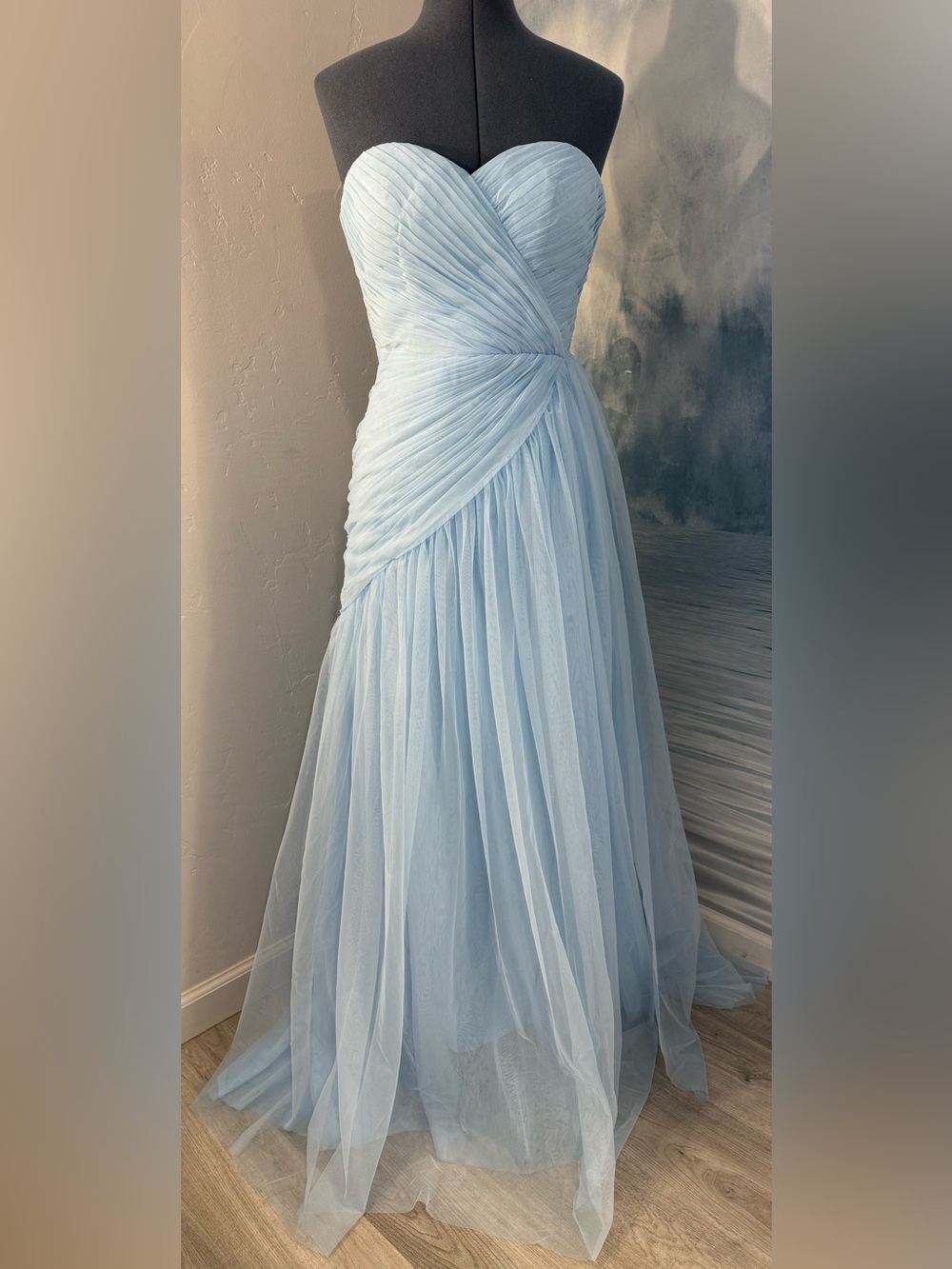 Fehaute Cinderella Dress Light Blue Strapless Ruched Tulle Maxi Dress#322